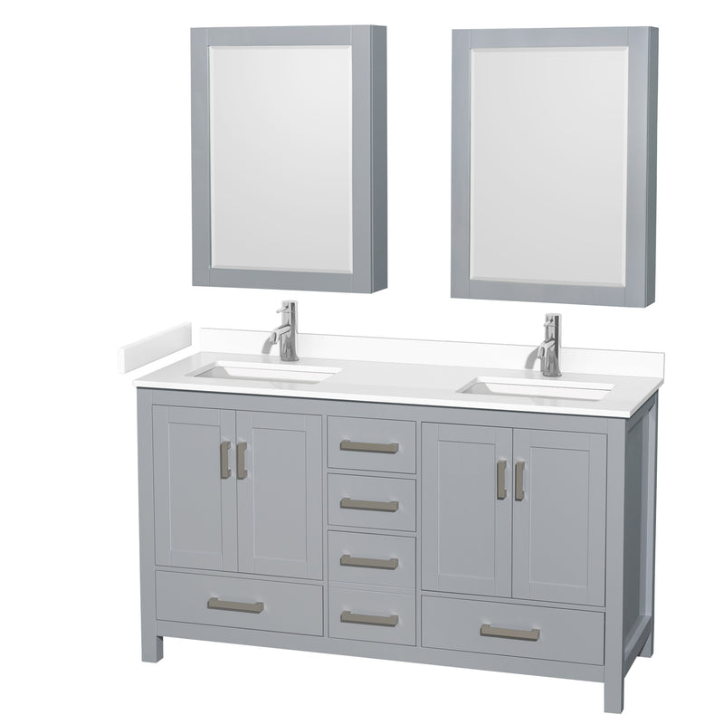 Wyndham Sheffield 60" Double Bathroom Vanity In Gray With White Cultured Marble Countertop Undermount Square Sinks And Medicine Cabinets WCS141460DGYWCUNSMED