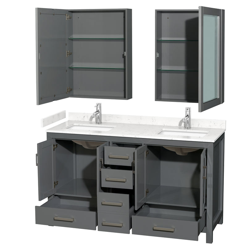 Wyndham Sheffield 60" Double Bathroom Vanity In Dark Gray with Carrara Cultured Marble Countertop Undermount Square Sinks and Medicine Cabinets WCS141460DKGC2UNSMED