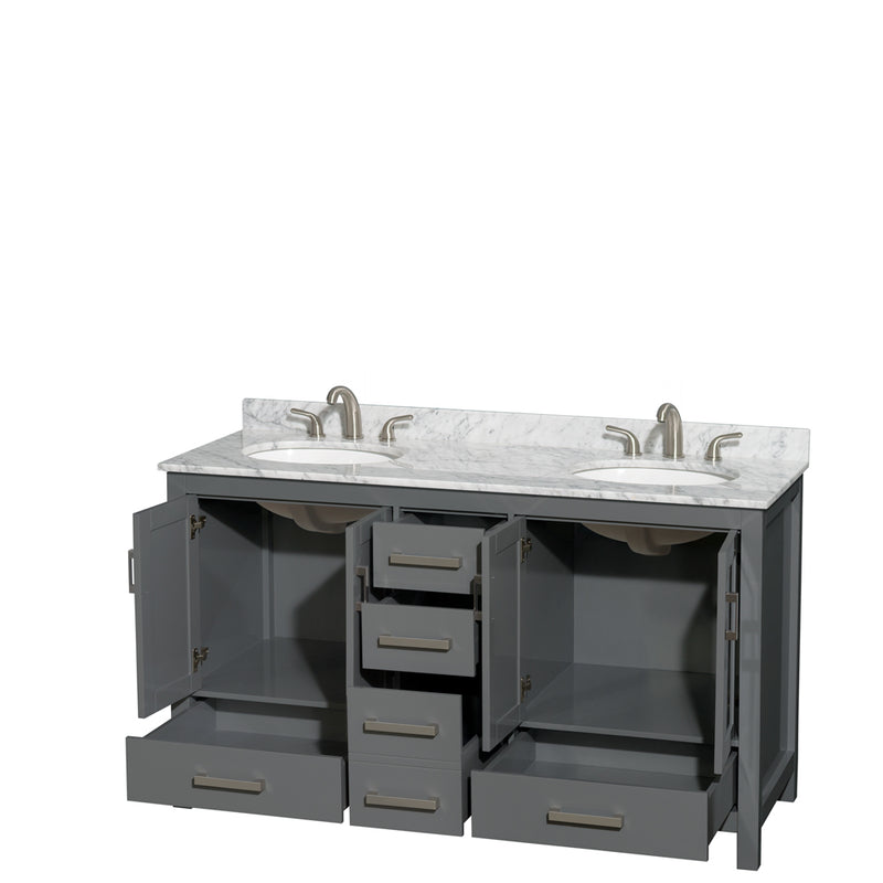 Wyndham Sheffield 60" Double Bathroom Vanity In Dark Gray with White Carrara Marble Countertop Undermount Oval Sinks and No Mirror WCS141460DKGCMUNOMXX