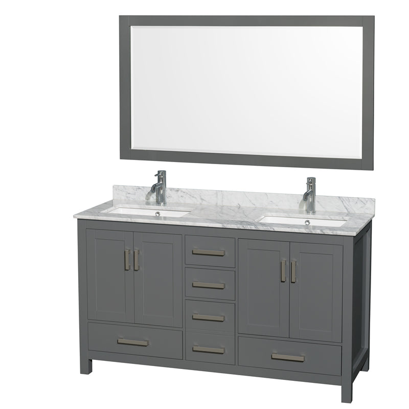 Wyndham Sheffield 60" Double Bathroom Vanity In Dark Gray With White Carrara Marble Countertop Undermount Square Sinks And 58" Mirror WCS141460DKGCMUNSM58