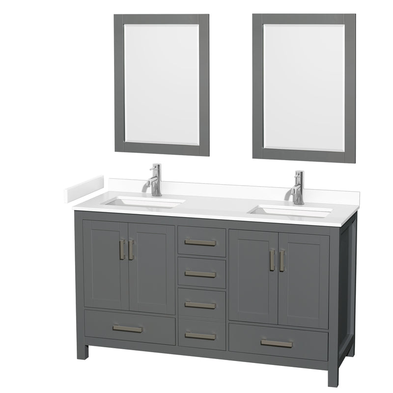 Wyndham Sheffield 60" Double Bathroom Vanity In Dark Gray With White Cultured Marble Countertop Undermount Square Sinks And 24" Mirrors WCS141460DKGWCUNSM24