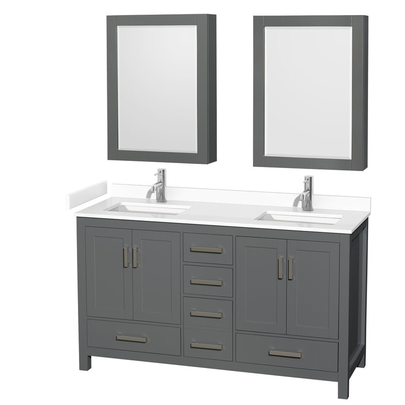 Wyndham Sheffield 60" Double Bathroom Vanity In Dark Gray With White Cultured Marble Countertop Undermount Square Sinks And Medicine Cabinets WCS141460DKGWCUNSMED