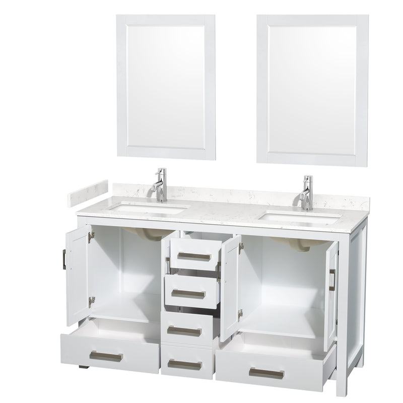 Wyndham Sheffield 60" Double Bathroom Vanity In White with Carrara Cultured Marble Countertop Undermount Square Sinks and 24" Mirrors WCS141460DWHC2UNSM24