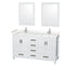 Wyndham Sheffield 60" Double Bathroom Vanity In White With Carrara Cultured Marble Countertop Undermount Square Sinks And 24" Mirrors WCS141460DWHC2UNSM24