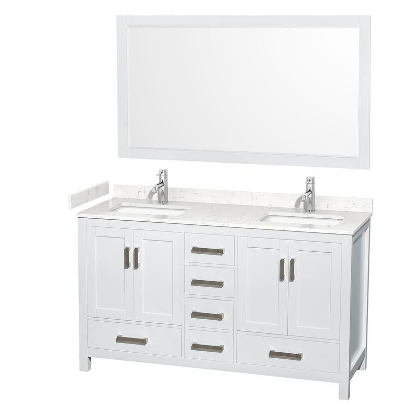 Wyndham Sheffield 60" Double Bathroom Vanity In White With Carrara Cultured Marble Countertop Undermount Square Sinks And 58" Mirror WCS141460DWHC2UNSM58