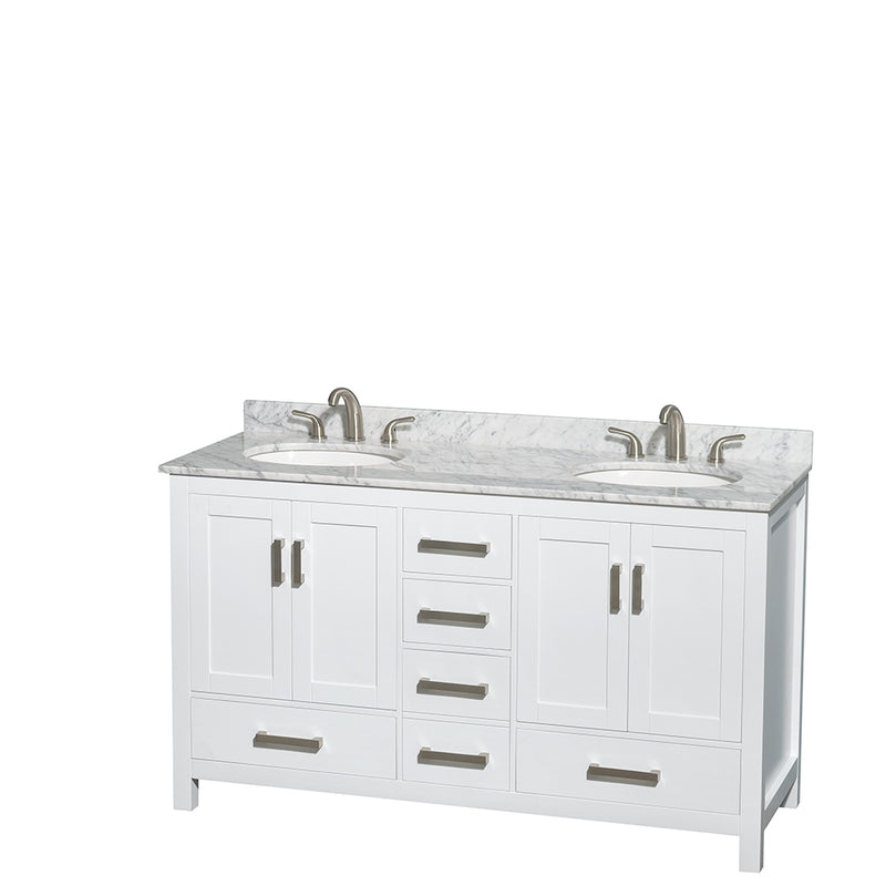 Wyndham Sheffield 60" Double Bathroom Vanity In White White Carrara Marble Countertop Undermount Oval Sinks And No Mirror WCS141460DWHCMUNOMXX