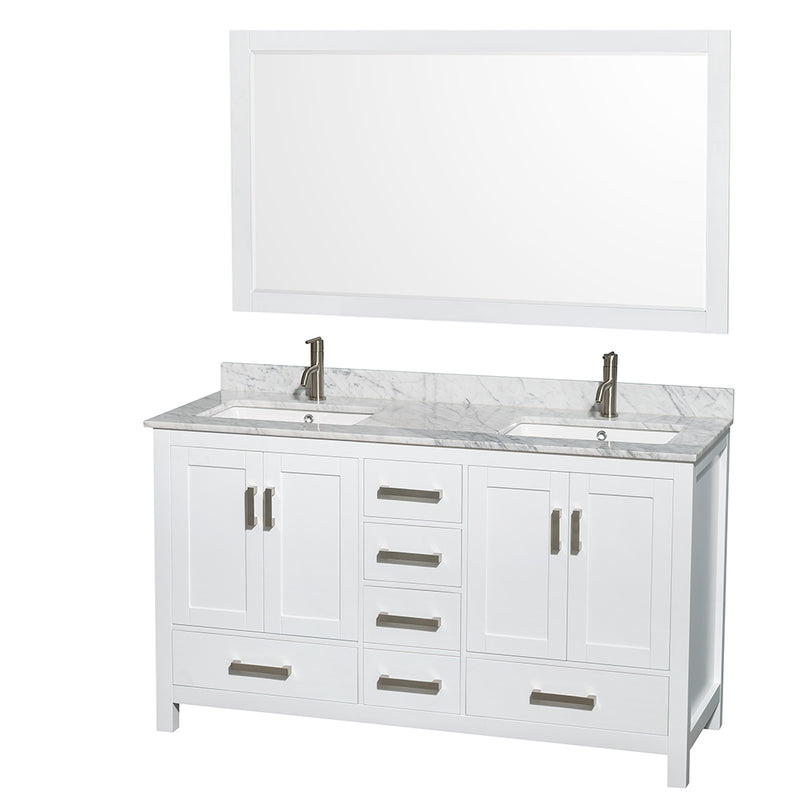 Wyndham Sheffield 60" Double Bathroom Vanity In White White Carrara Marble Countertop Undermount Square Sinks And 58" Mirror WCS141460DWHCMUNSM58