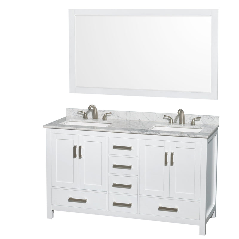 Wyndham Sheffield 60" Double Bathroom Vanity In White White Carrara Marble Countertop Undermount Square Sinks (3-Hole) And 58" Mirror WCS141460DWHCMUS3M58