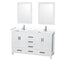 Wyndham Sheffield 60" Double Bathroom Vanity In White With White Cultured Marble Countertop Undermount Square Sinks And 24" Mirrors WCS141460DWHWCUNSM24