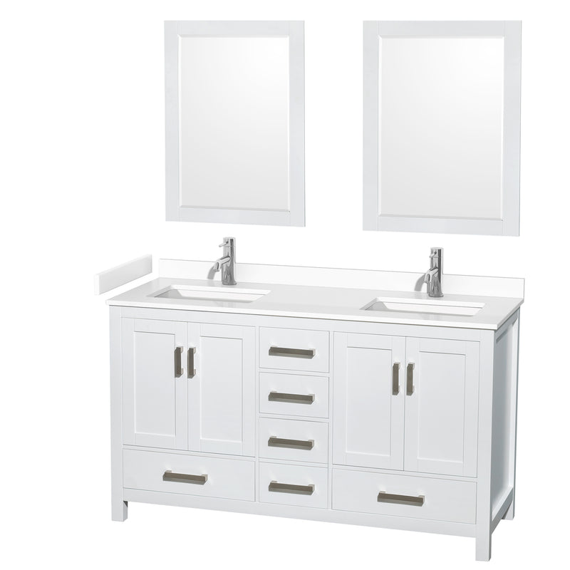 Wyndham Sheffield 60" Double Bathroom Vanity In White With White Cultured Marble Countertop Undermount Square Sinks And 24" Mirrors WCS141460DWHWCUNSM24