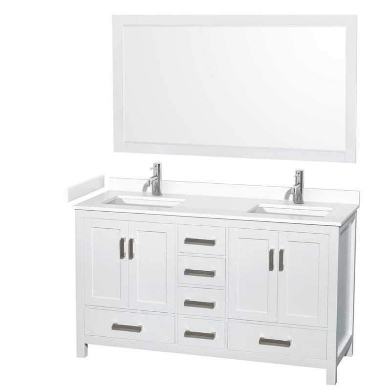 Wyndham Sheffield 60" Double Bathroom Vanity In White With White Cultured Marble Countertop Undermount Square Sinks And 58" Mirror WCS141460DWHWCUNSM58