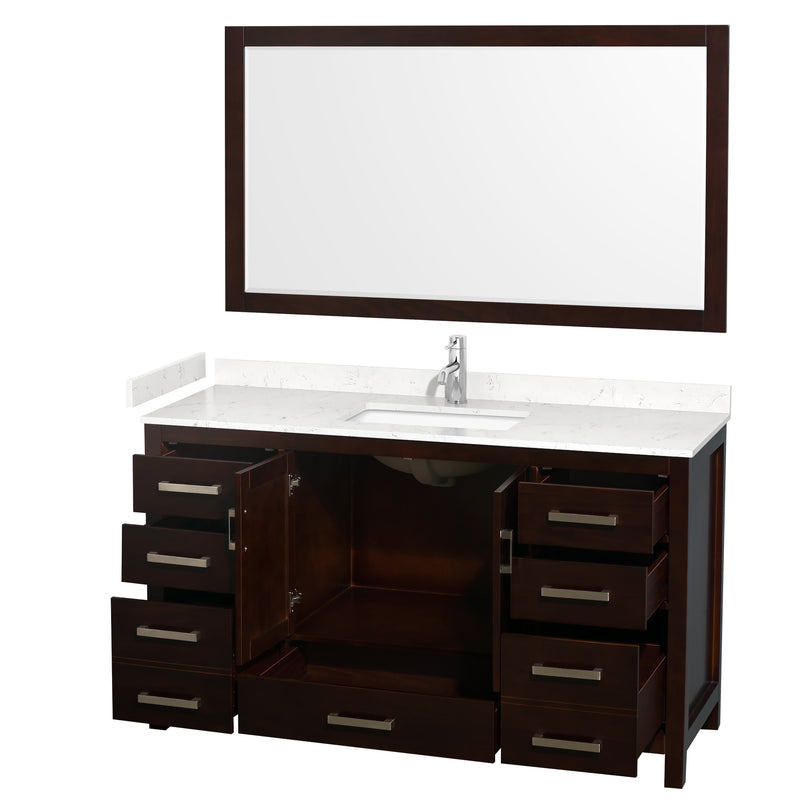 Wyndham Sheffield 60" Single Bathroom Vanity In Espresso with Carrara Cultured Marble Countertop Undermount Square Sink and 58" Mirror WCS141460SESC2UNSM58