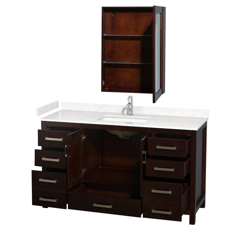 Wyndham Sheffield 60" Single Bathroom Vanity In Espresso with Carrara Cultured Marble Countertop Undermount Square Sink and Medicine Cabinet WCS141460SESC2UNSMED