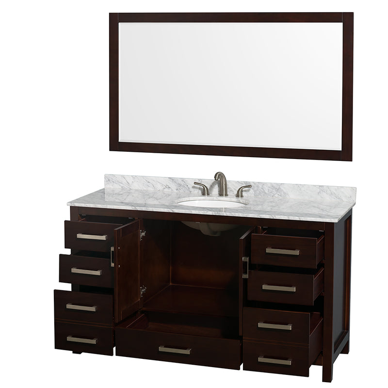 Wyndham Sheffield 60" Single Bathroom Vanity In Espresso White Carrara Marble Countertop Undermount Oval Sink and 58" Mirror WCS141460SESCMUNOM58