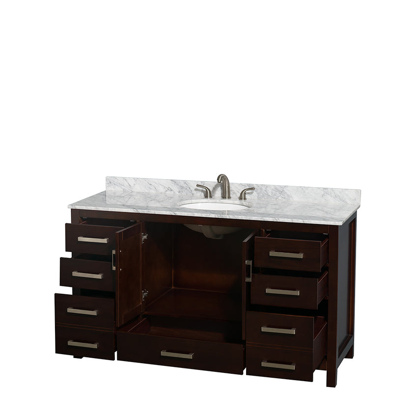 Wyndham Sheffield 60" Single Bathroom Vanity In Espresso White Carrara Marble Countertop Undermount Oval Sink and No Mirror WCS141460SESCMUNOMXX