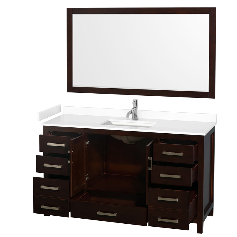 Wyndham Sheffield 60" Single Bathroom Vanity In Espresso with White Cultured Marble Countertop Undermount Square Sink and 58" Mirror WCS141460SESWCUNSM58