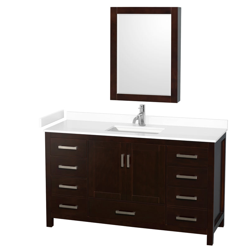 Wyndham Sheffield 60" Single Bathroom Vanity In Espresso With White Cultured Marble Countertop Undermount Square Sink And Medicine Cabinet WCS141460SESWCUNSMED