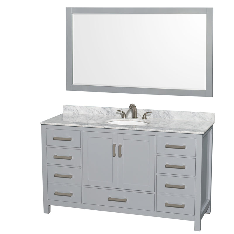 Wyndham Sheffield 60" Single Bathroom Vanity In Gray With White Carrara Marble Countertop Undermount Oval Sink And 58" Mirror WCS141460SGYCMUNOM58