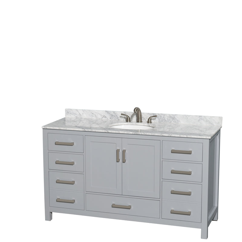 Wyndham Sheffield 60" Single Bathroom Vanity In Gray With White Carrara Marble Countertop Undermount Oval Sink And No Mirror WCS141460SGYCMUNOMXX