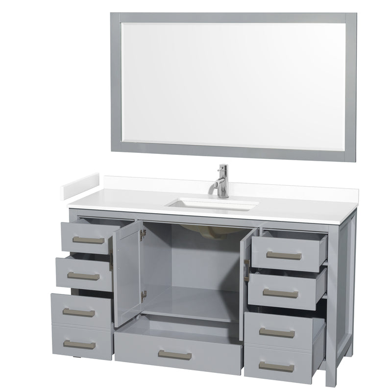 Wyndham Sheffield 60" Single Bathroom Vanity In Gray with White Cultured Marble Countertop Undermount Square Sink and 58" Mirror WCS141460SGYWCUNSM58