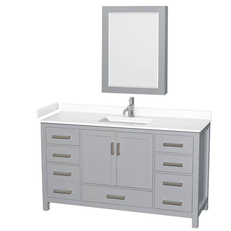 Wyndham Sheffield 60" Single Bathroom Vanity In Gray With White Cultured Marble Countertop Undermount Square Sink And Medicine Cabinet WCS141460SGYWCUNSMED