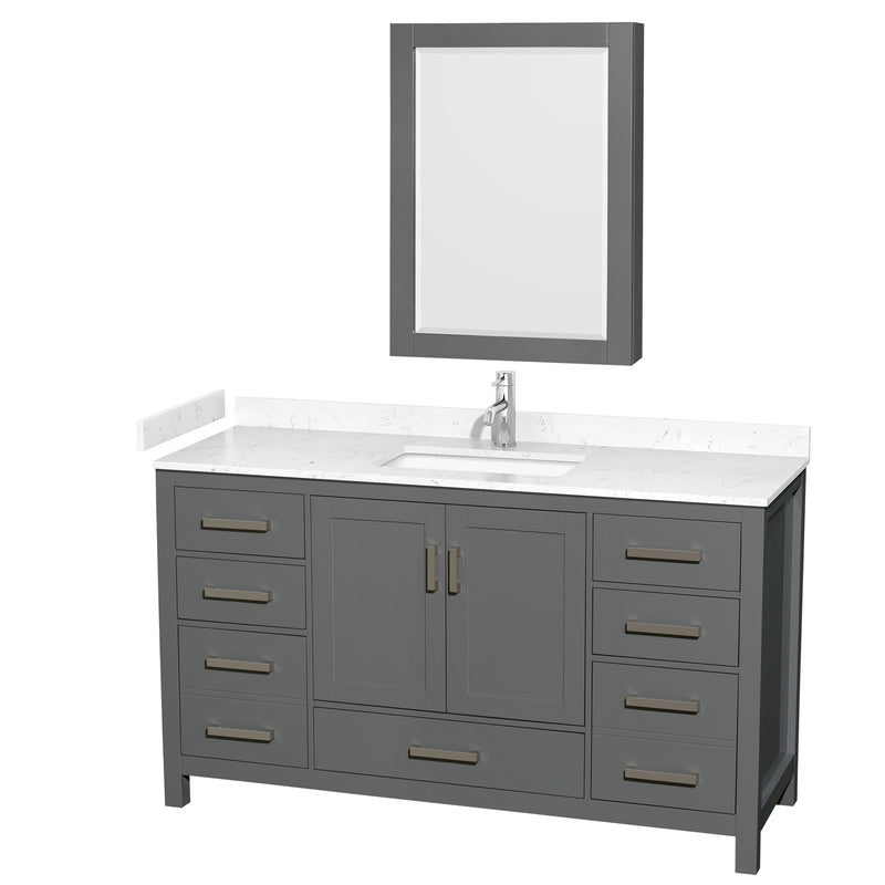 Wyndham Sheffield 60" Single Bathroom Vanity In Dark Gray With Carrara Cultured Marble Countertop Undermount Square Sink And Medicine Cabinet WCS141460SKGC2UNSMED