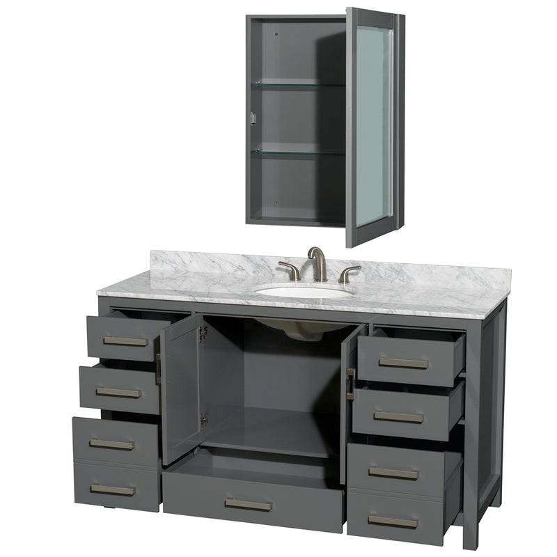 Wyndham Sheffield 60" Single Bathroom Vanity In Dark Gray with White Carrara Marble Countertop Undermount Oval Sink and Medicine Cabinet WCS141460SKGCMUNOMED