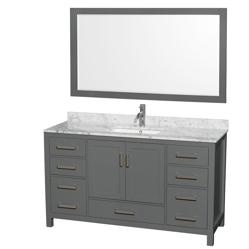 Wyndham Sheffield 60" Single Bathroom Vanity In Dark Gray With White Carrara Marble Countertop Undermount Square Sink And 58" Mirror WCS141460SKGCMUNSM58