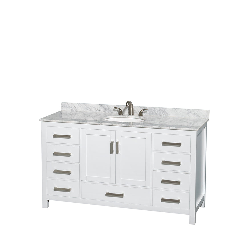 Wyndham Sheffield 60" Single Bathroom Vanity In White White Carrara Marble Countertop Undermount Oval Sink And No Mirror WCS141460SWHCMUNOMXX