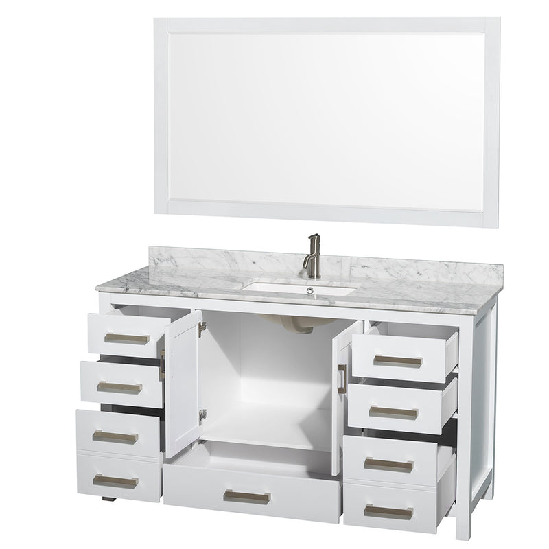 Wyndham Sheffield 60" Single Bathroom Vanity In White White Carrara Marble Countertop Undermount Square Sink and 58" Mirror WCS141460SWHCMUNSM58