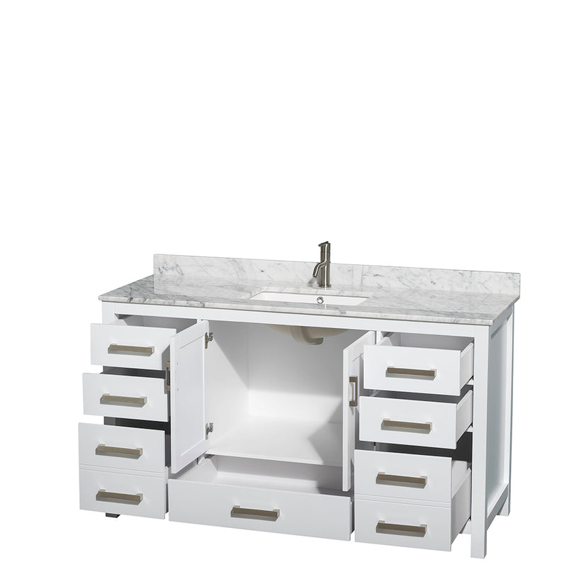 Wyndham Sheffield 60" Single Bathroom Vanity In White White Carrara Marble Countertop Undermount Square Sink and No Mirror WCS141460SWHCMUNSMXX