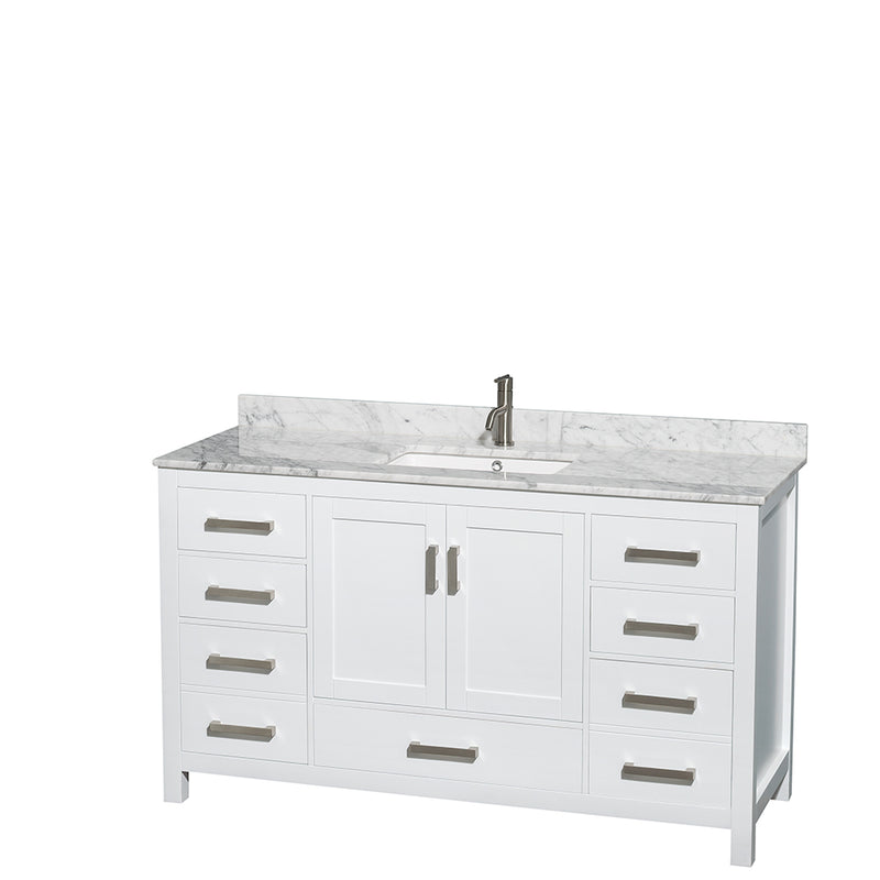 Wyndham Sheffield 60" Single Bathroom Vanity In White White Carrara Marble Countertop Undermount Square Sink and Medicine Cabinet WCS141460SWHCMUNSMED