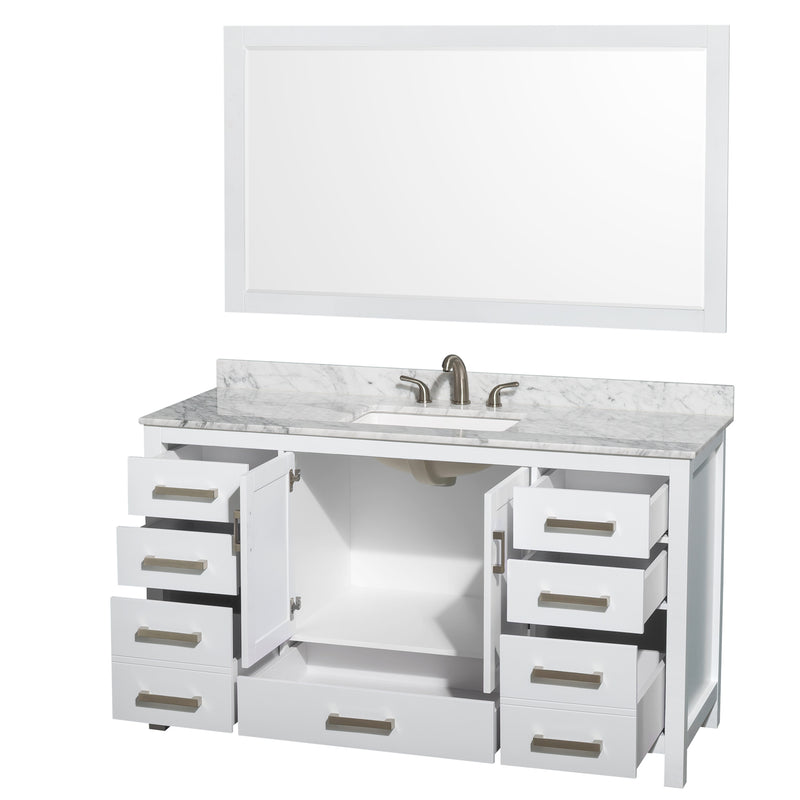 Wyndham Sheffield 60" Single Bathroom Vanity In White White Carrara Marble Countertop Undermount Square Sink 3-Hole and 58" Mirror WCS141460SWHCMUS3M58