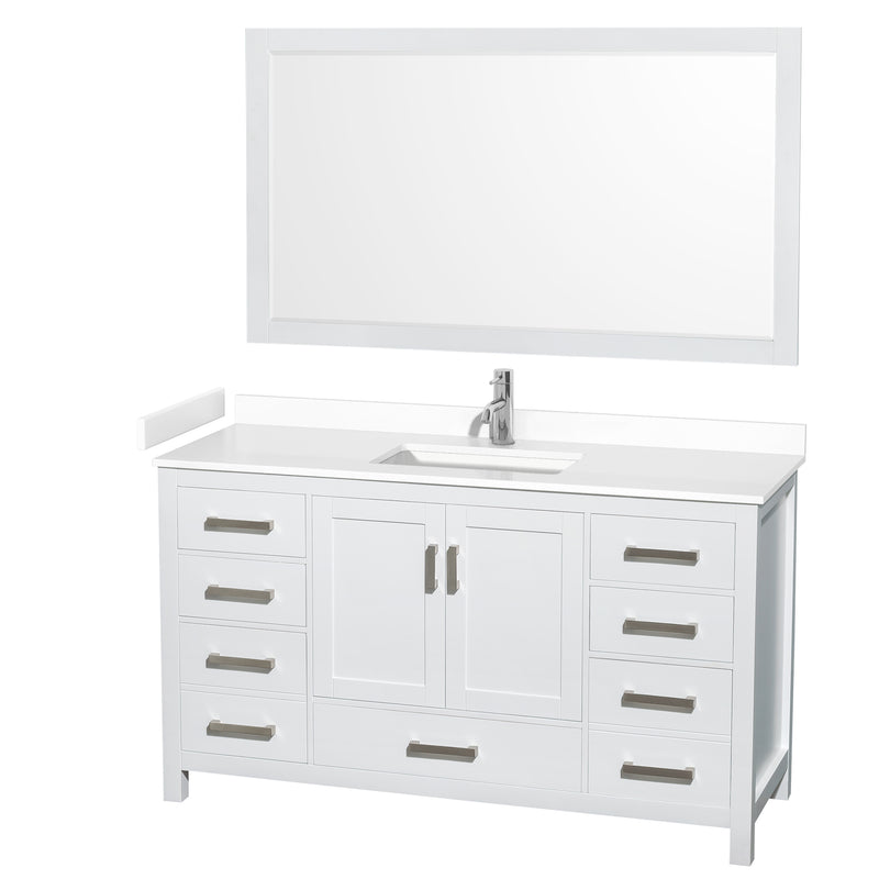 Wyndham Sheffield 60" Single Bathroom Vanity In White With White Cultured Marble Countertop Undermount Square Sink And 58" Mirror WCS141460SWHWCUNSM58