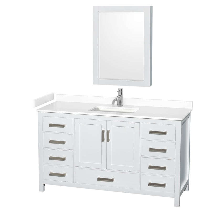 Wyndham Sheffield 60" Single Bathroom Vanity In White With White Cultured Marble Countertop Undermount Square Sink And Medicine Cabinet WCS141460SWHWCUNSMED