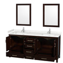 Wyndham Sheffield 72" Double Bathroom Vanity In Espresso with Carrara Cultured Marble Countertop Undermount Square Sinks and 24" Mirrors WCS141472DESC2UNSM24