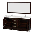 Wyndham Sheffield 72" Double Bathroom Vanity In Espresso with Carrara Cultured Marble Countertop Undermount Square Sinks and 70" Mirror WCS141472DESC2UNSM70