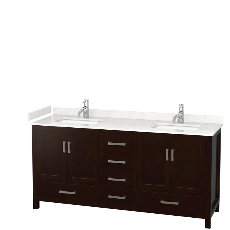 Wyndham Sheffield 72" Double Bathroom Vanity In Espresso With Carrara Cultured Marble Countertop Undermount Square Sinks And No Mirror WCS141472DESC2UNSMXX