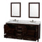 Wyndham Sheffield 72" Double Bathroom Vanity In Espresso White Carrara Marble Countertop Undermount Oval Sinks and 24" Mirrors WCS141472DESCMUNOM24