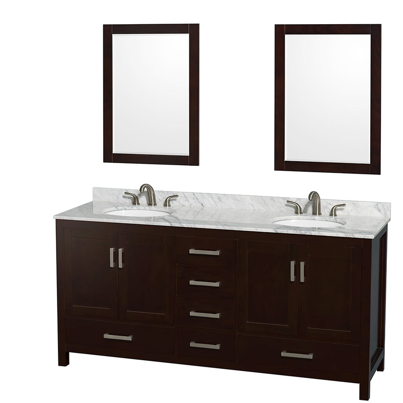 Wyndham Sheffield 72" Double Bathroom Vanity In Espresso White Carrara Marble Countertop Undermount Oval Sinks And 24" Mirrors WCS141472DESCMUNOM24