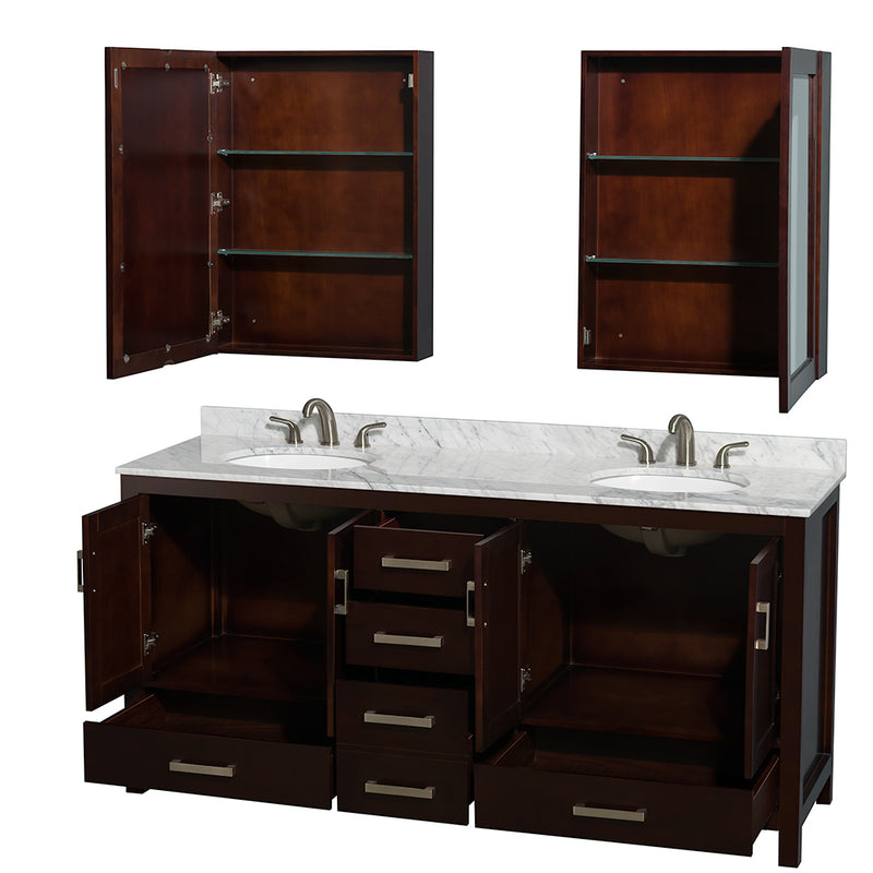 Wyndham Sheffield 72" Double Bathroom Vanity In Espresso White Carrara Marble Countertop Undermount Oval Sinks and Medicine Cabinets WCS141472DESCMUNOMED