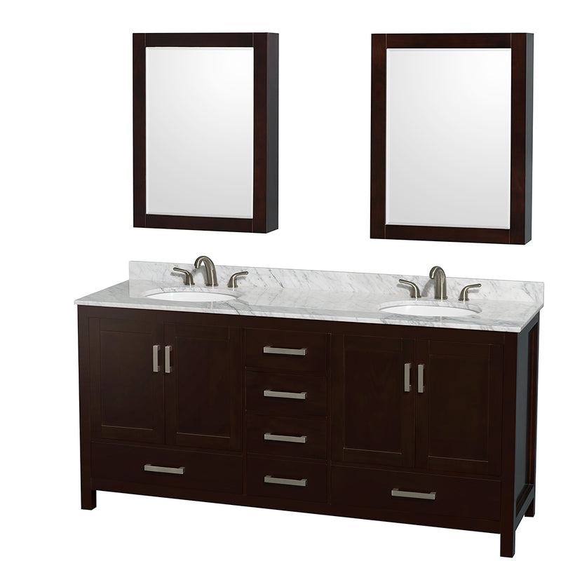 Wyndham Sheffield 72" Double Bathroom Vanity In Espresso White Carrara Marble Countertop Undermount Oval Sinks And Medicine Cabinets WCS141472DESCMUNOMED