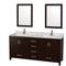 Wyndham Sheffield 72" Double Bathroom Vanity In Espresso White Carrara Marble Countertop Undermount Square Sinks And 24" Mirrors WCS141472DESCMUNSM24