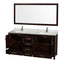 Wyndham Sheffield 72" Double Bathroom Vanity In Espresso White Carrara Marble Countertop Undermount Square Sinks and 70" Mirror WCS141472DESCMUNSM70