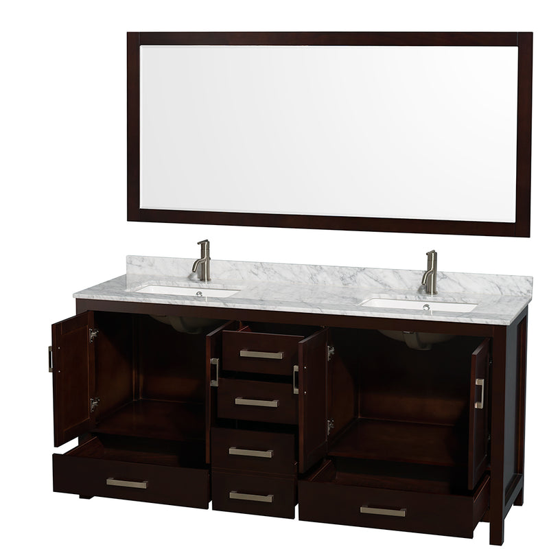 Wyndham Sheffield 72" Double Bathroom Vanity In Espresso White Carrara Marble Countertop Undermount Square Sinks and 70" Mirror WCS141472DESCMUNSM70