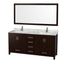 Wyndham Sheffield 72" Double Bathroom Vanity In Espresso White Carrara Marble Countertop Undermount Square Sinks And 70" Mirror WCS141472DESCMUNSM70