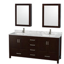 Wyndham Sheffield 72" Double Bathroom Vanity In Espresso White Carrara Marble Countertop Undermount Square Sinks And Medicine Cabinets WCS141472DESCMUNSMED