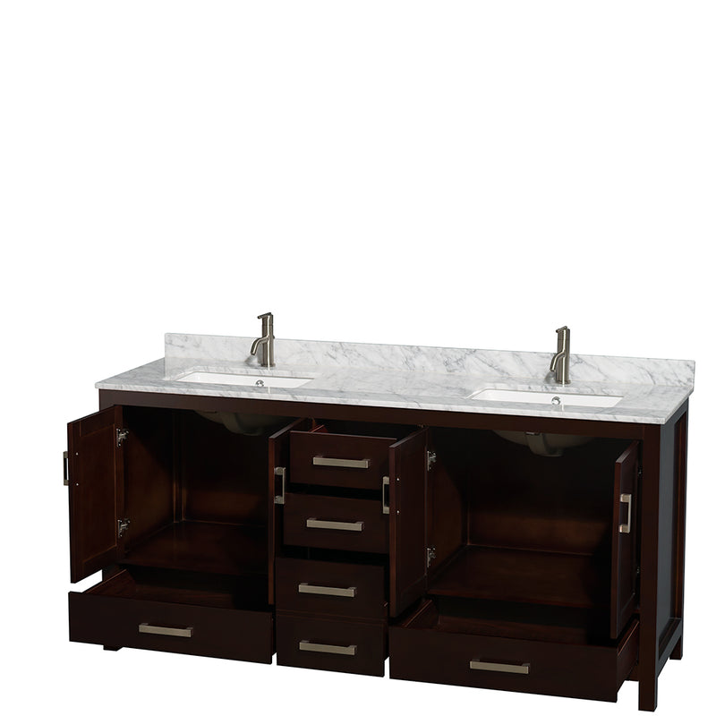 Wyndham Sheffield 72" Double Bathroom Vanity In Espresso White Carrara Marble Countertop Undermount Square Sinks and No Mirror WCS141472DESCMUNSMXX