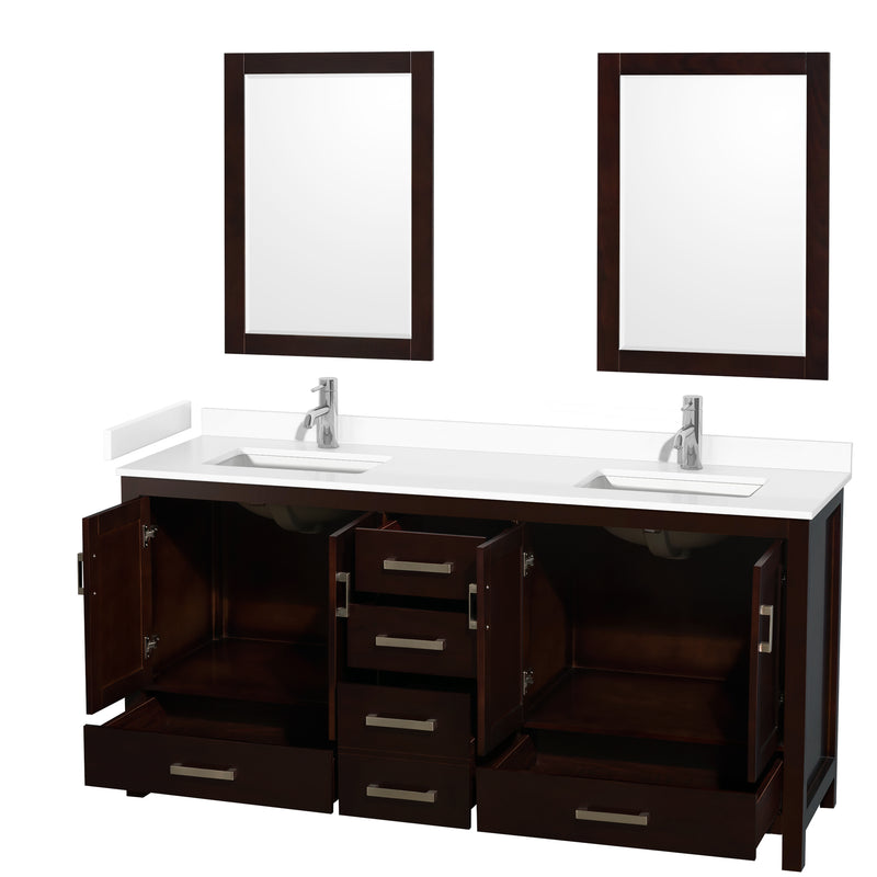 Wyndham Sheffield 72" Double Bathroom Vanity In Espresso with White Cultured Marble Countertop Undermount Square Sinks and 24" Mirrors WCS141472DESWCUNSM24