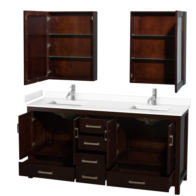 Wyndham Sheffield 72" Double Bathroom Vanity In Espresso with White Cultured Marble Countertop Undermount Square Sinks and Medicine Cabinets WCS141472DESWCUNSMED